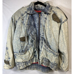 Vtg 80's Street Equipt Acid Wash Denim Jean Jacket Leather Accents Size Large